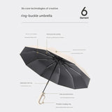 Automatic Open/Close Umbrella with UPF50+ Sun Protection - 10-Rib Windproof Design, Carabiner Handle(Beige) - Top-Down View