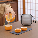Portable Ceramic Tea Set for Travel - Quick Gaiwan with 3 Cups & Carrying Case(Orange) - Front View
