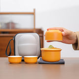 Portable Ceramic Tea Set for Travel - Quick Gaiwan with 3 Cups & Carrying Case(Orange) - Side View