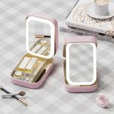 Portable Jewelry & Makeup Organizer Box with LED Touch Mirror - Rechargeable, Adjustable Lighting(pink)