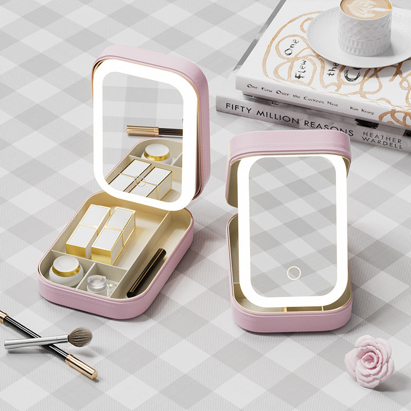 Portable Jewelry & Makeup Organizer Box with LED Touch Mirror - Rechargeable, Adjustable Lighting(green)