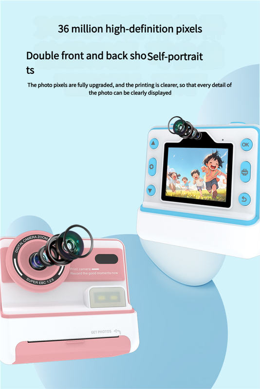 Kids Instant Print Camera - Creative Drawing & Photo Fun with Thermal Printing(Blue+32GB memory card)