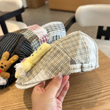 Patchwork Plaid Cotton Cap with Decorative Details(black) - Close-Up Angle