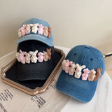 Whimsical Plush Bunny Row Denim Baseball Cap - Adjustable, Sun Protection, Breathable Comfort(Black) - Front View