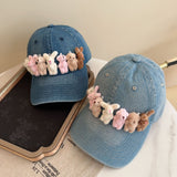 Whimsical Plush Bunny Row Denim Baseball Cap - Adjustable, Sun Protection, Breathable Comfort(Black) - Side View