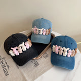 Whimsical Plush Bunny Row Denim Baseball Cap - Adjustable, Sun Protection, Breathable Comfort(Black) - Top-Down View