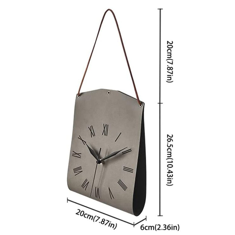 Retro PU Leather Hanging Wall Clock - Silent Sweep Movement, Roman Numerals, Decorative Handbag Style(Grey)