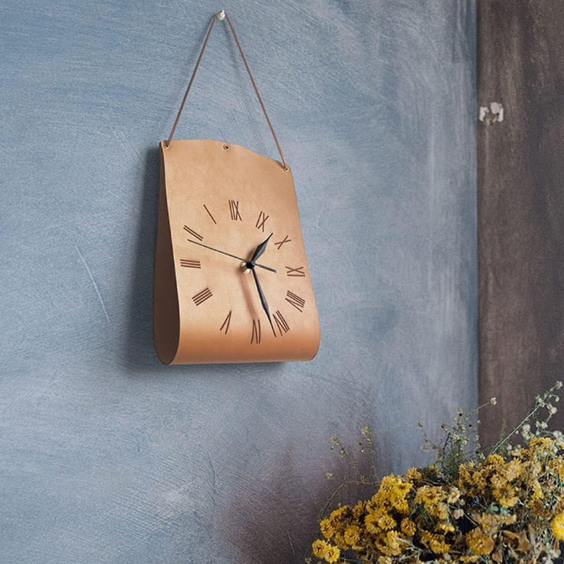 Retro PU Leather Hanging Wall Clock - Silent Sweep Movement, Roman Numerals, Decorative Handbag Style(Grey)