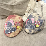 Cute Elephant Applique Beret Hat - Soft Fabric, Adjustable Fit, Retro Newsboy Cap(khaki) - Side View