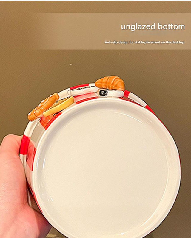 Charming Striped Ceramic Instant Noodle Bowl with 3D Accents & Happy every day! Message(red)
