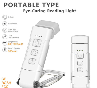 Portable Clip-On LED Reading Light - USB Rechargeable, 3 Color Modes & 5 Brightness Levels(white)