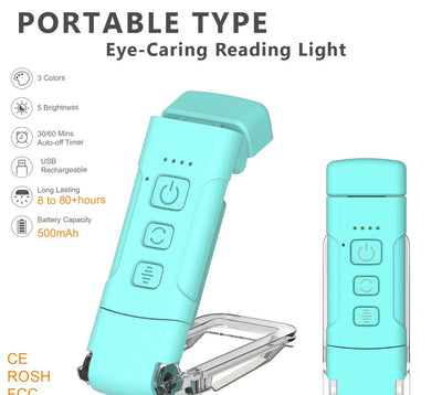 Portable Clip-On LED Reading Light - USB Rechargeable, 3 Color Modes & 5 Brightness Levels(Lake Blue)