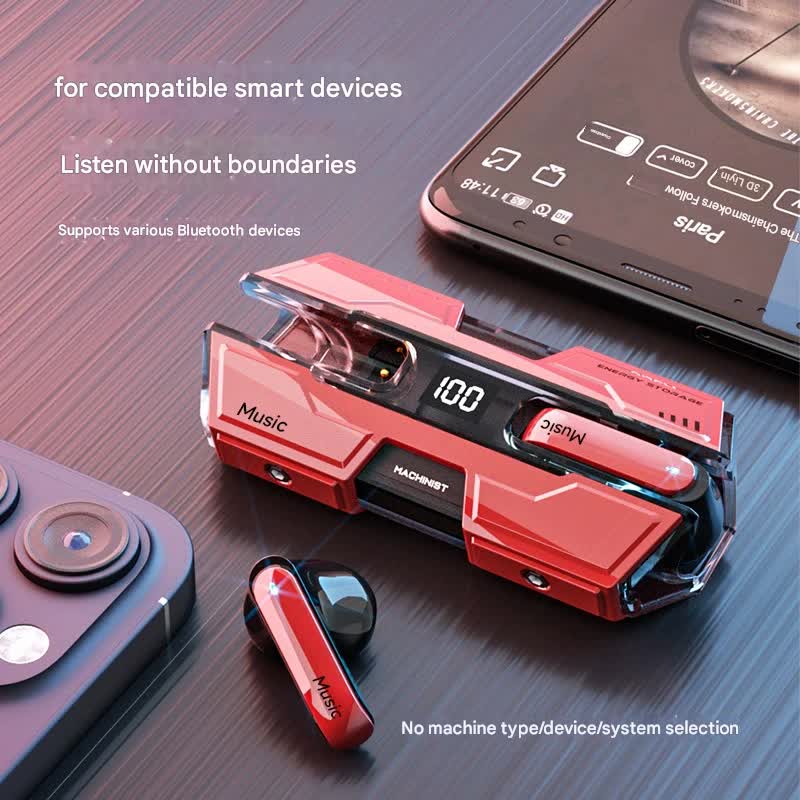 Futuristic TWS Gaming Earbuds - Bluetooth 5.3, Low Latency, HIFI Surround Sound, LED Display(red)