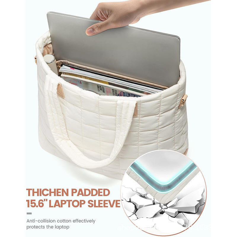 Lightweight Quilted Tote Bag for Women - Fits 15.6 Laptop Water-Resistant with Clutch & Luggage Strap(White)