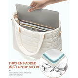 Lightweight Quilted Tote Bag for Women - Fits 15.6 Laptop Water-Resistant with Clutch & Luggage Strap(White)