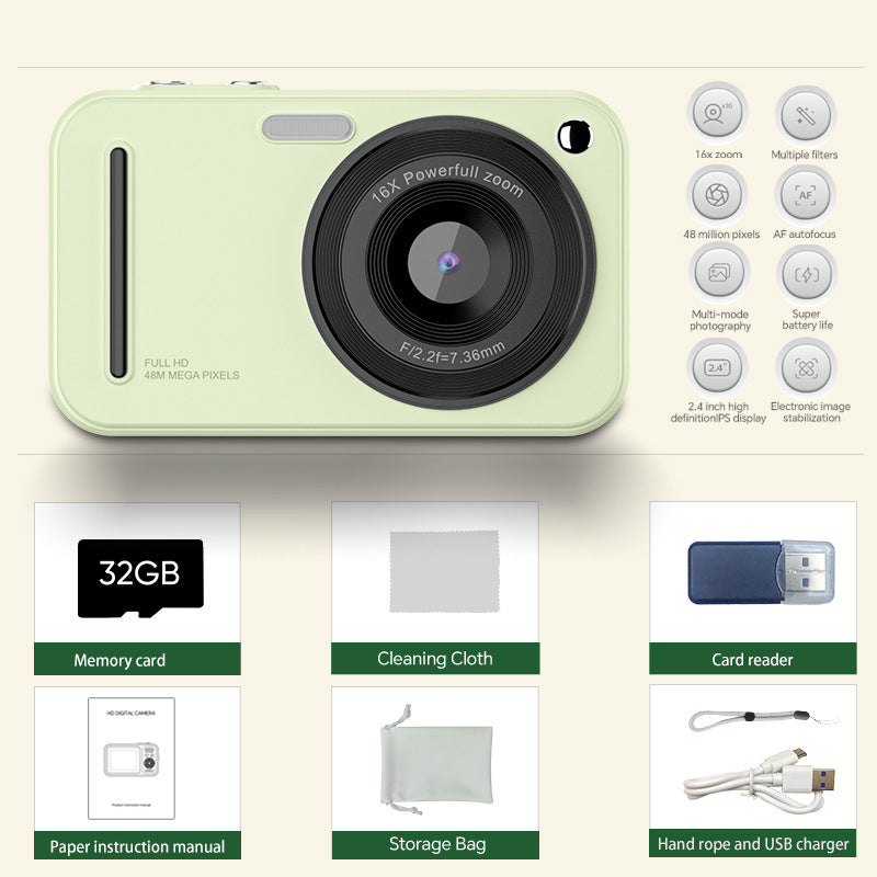 48MP Digital Camera with 16x Zoom & AF Autofocus - Full HD Vlogging Camera for Beginners & Kids(Green)