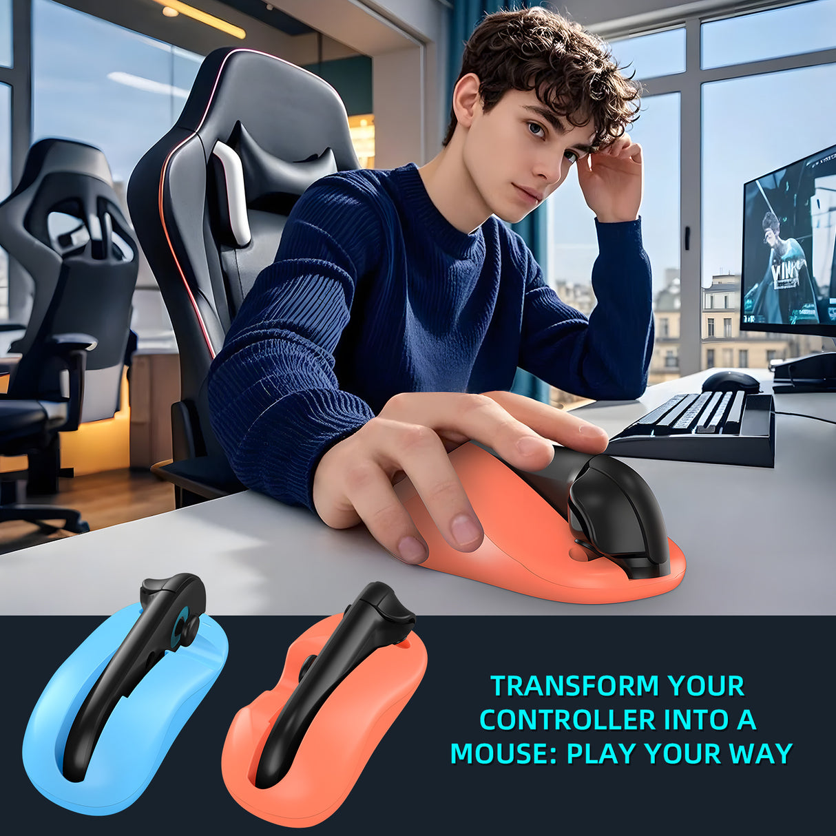 Ergonomic Mouse Grip for Nintendo Switch Joy-Con - 2-Pack Controller Holder (Orange Blue)
