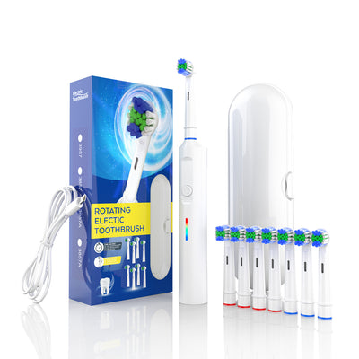 Rotating Electric Toothbrush with 3D Cleaning Action - 3 Modes, IPX7 Waterproof, with Travel Case & 6 Brush Heads(White)