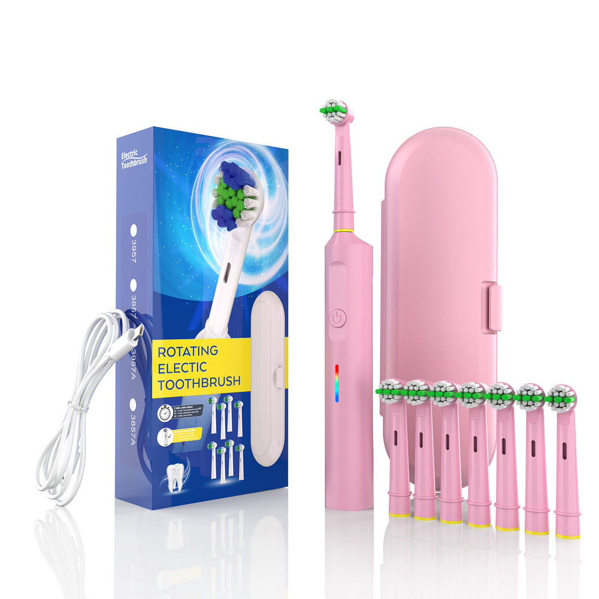 Rotating Electric Toothbrush with 3D Cleaning Action - 3 Modes, IPX7 Waterproof, with Travel Case & 6 Brush Heads(pink)