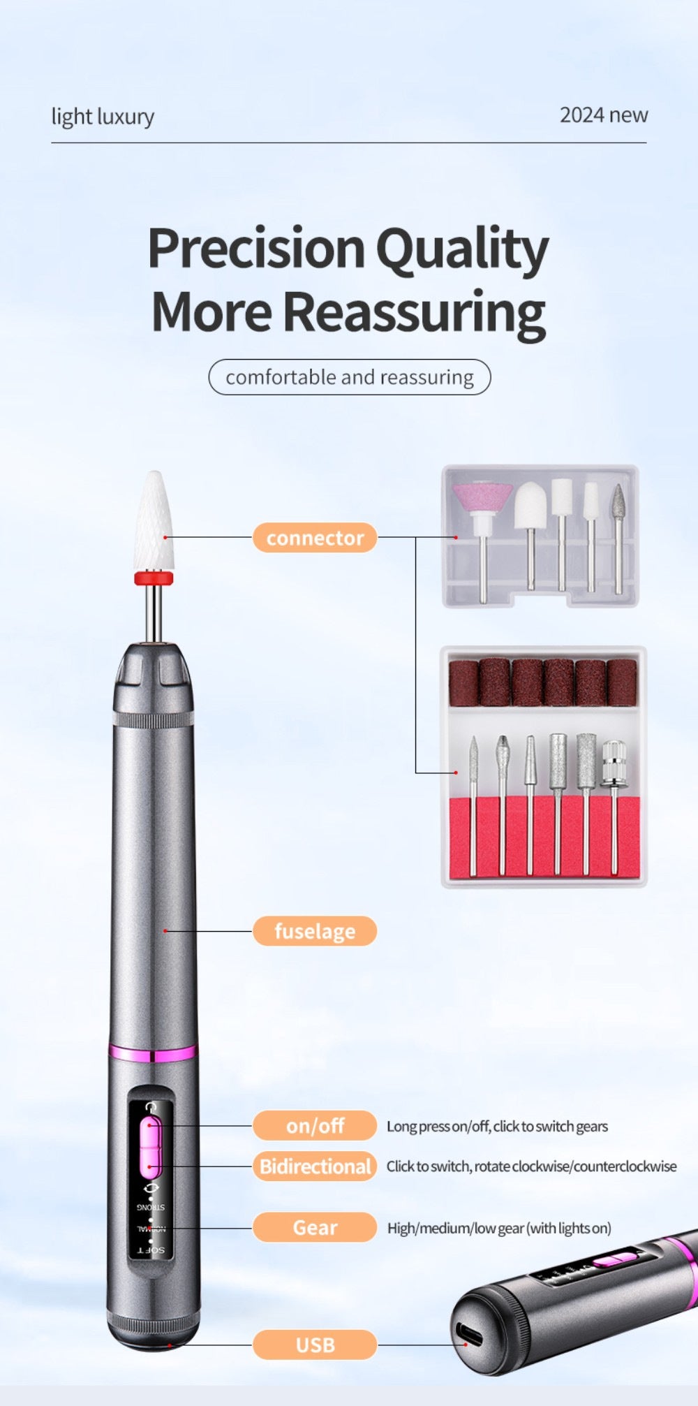 Professional Electric Nail Drill Pen Kit - 3-Speed, Bidirectional, Rechargeable Manicure & Pedicure Tool(Silver Gray)