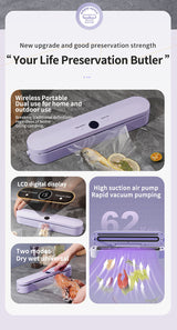 Wireless Portable Vacuum Sealing Machine - Automatic Food Sealer with LCD Display & Dual Modes(Purple) - Rear View