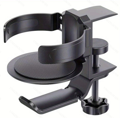 Two desktop clip-on cup holders and headphone hanger - adjustable, non-slip silicone, maximum load 15KG(black)