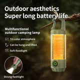 Tri-Color Portable Camping Lantern & Flashlight - Rechargeable, 360°Ambient Light & Hook Design(Khaki) - Front View