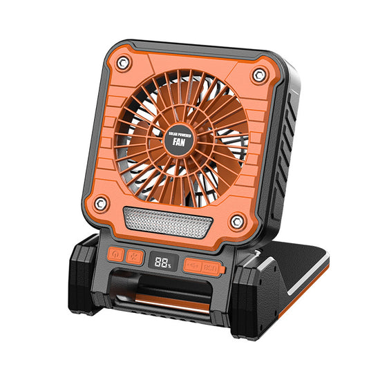 Solar & USB Rechargeable Camping Fan with LED Light - Portable Power Bank, 180? Collapsible(Orange)