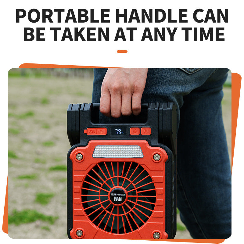 Solar & USB Rechargeable Camping Fan with LED Light - Portable Power Bank, 180? Collapsible(Orange)