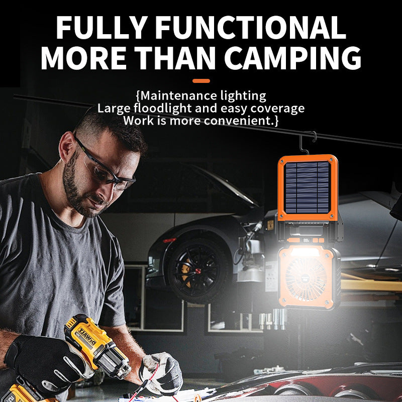 Solar & USB Rechargeable Camping Fan with LED Light - Portable Power Bank, 180? Collapsible(Orange)
