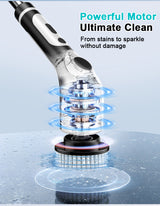 Multi-Functional Electric Spin Scrubber with Voice Broadcast, 9 Heads, Adjustable Extension Handle & LED Display(Black and White) - Rear View