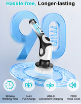 Multi-Functional Electric Spin Scrubber with Voice Broadcast, 9 Heads, Adjustable Extension Handle & LED Display(Black and White) - Close-Up Angle