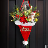 Illuminated Santa Hat Door Hanger with Holiday Greenery & Berries - Christmas Wall Decor(red) - Front View
