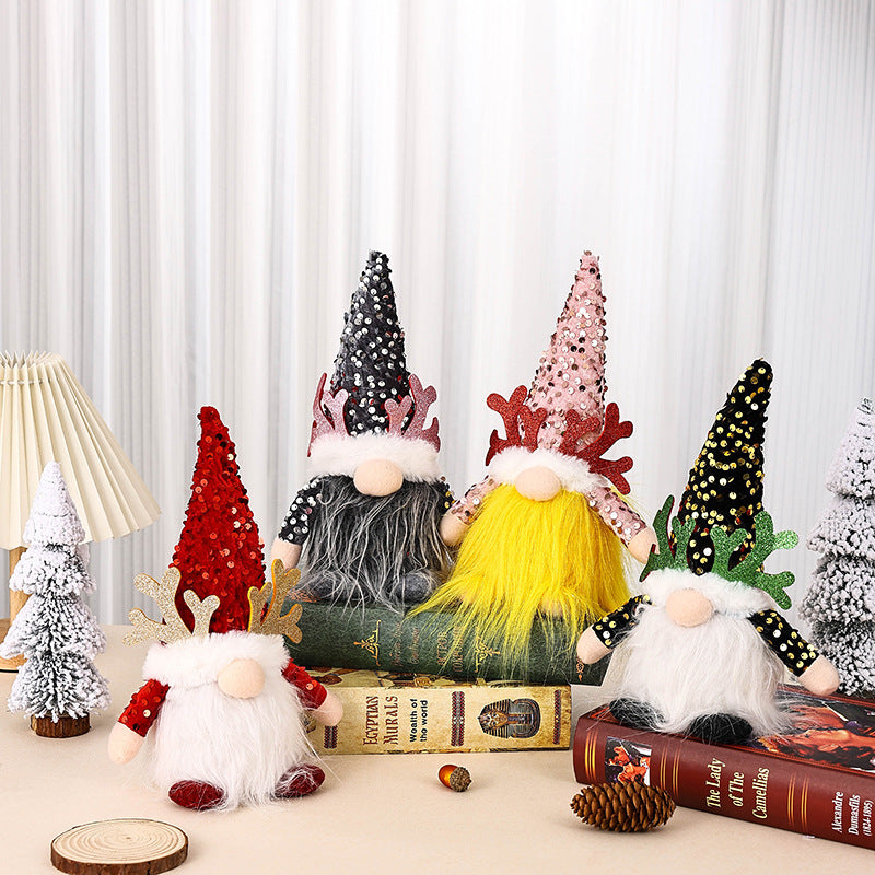 Light-Up Christmas Gnome Plush Doll with Sequin Hat & Antlers - Festive LED Tabletop Decoration(gold)