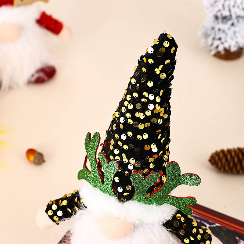 Light-Up Christmas Gnome Plush Doll with Sequin Hat & Antlers - Festive LED Tabletop Decoration(gold)