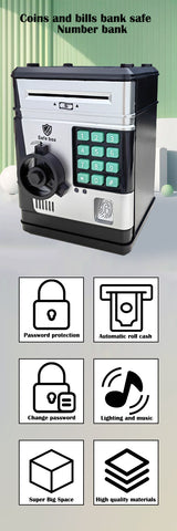 Electronic Piggy Bank Safe Box for Kids - Automatic Bill & Coin Bank with Password Protection, Music & Lights(black) - Rear View