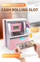 Kids Electronic ATM Savings Bank - Digital Piggy Bank with Password, Auto Roll-in Banknotes & Coin Slot for Financial Learning Fun(black) - Rear View