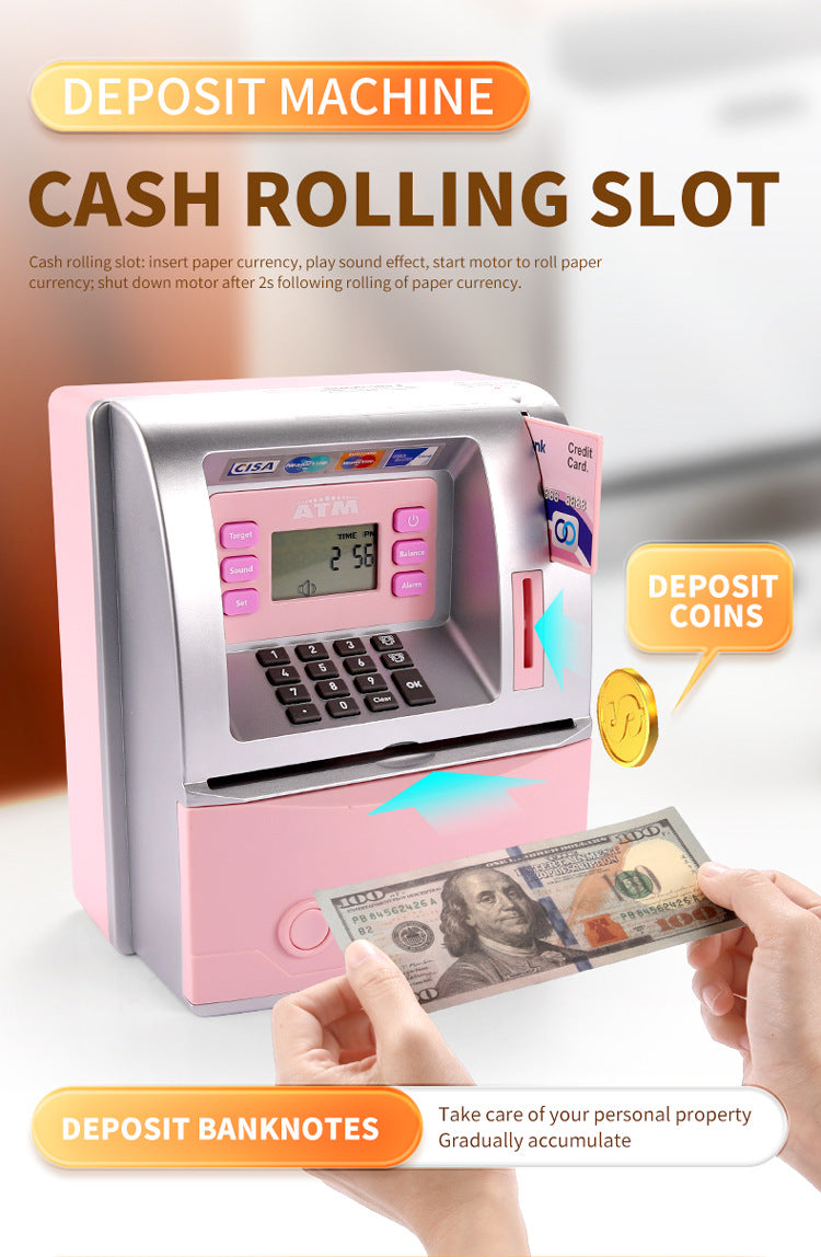 Kids Electronic ATM Savings Bank - Digital Piggy Bank with Password, Auto Roll-in Banknotes & Coin Slot for Financial Learning Fun(pink)