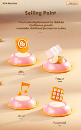 Kids Electronic ATM Piggy Bank with Simulated Facial Recognition & Password - Auto Roll-in Banknote & Coin Money Box for Financial Learning(pink) - Top-Down View