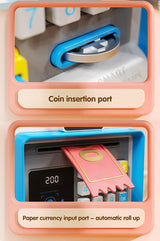 Kids Electronic ATM Piggy Bank with Simulated Facial Recognition & Password - Auto Roll-in Banknote & Coin Money Box for Financial Learning(pink) - Close-Up Angle
