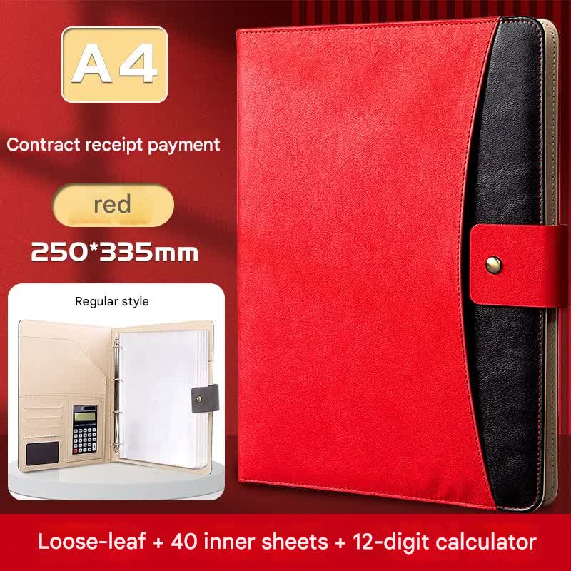 A4 PU Leather Business Portfolio with Ring Binder, Calculator & 40 Sleeves(red)