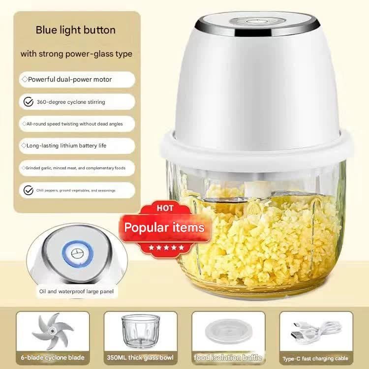 Electric Mini Garlic Chopper with Glass Bowl - USB Rechargeable, 6 Blades, Large Capacity(white)