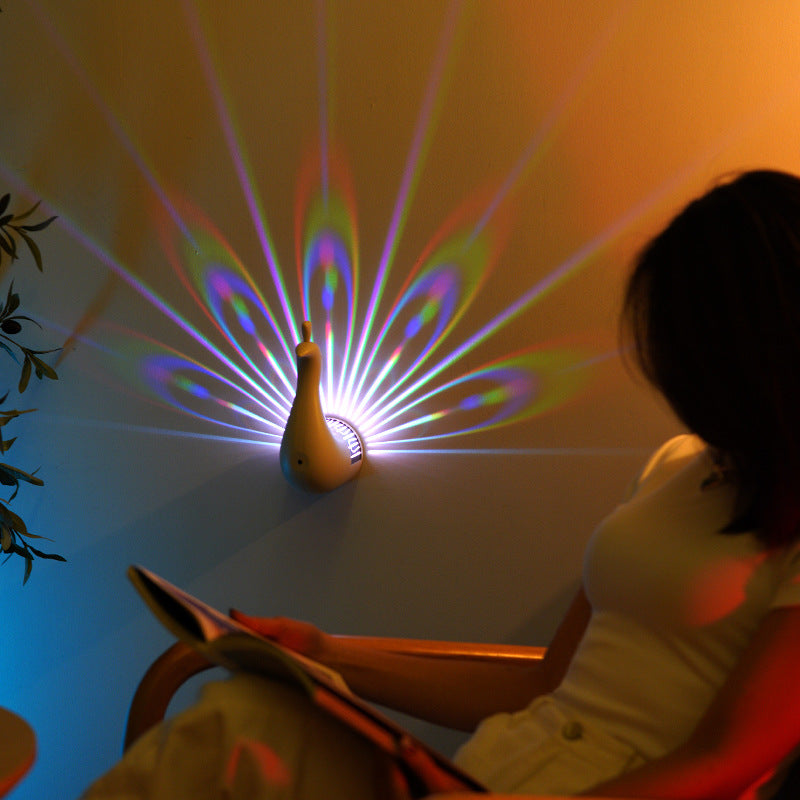 Peacock Projection LED Night Light - Multi-Color Atmosphere Lamp with Remote & Touch Control, USB Rechargeable(white)