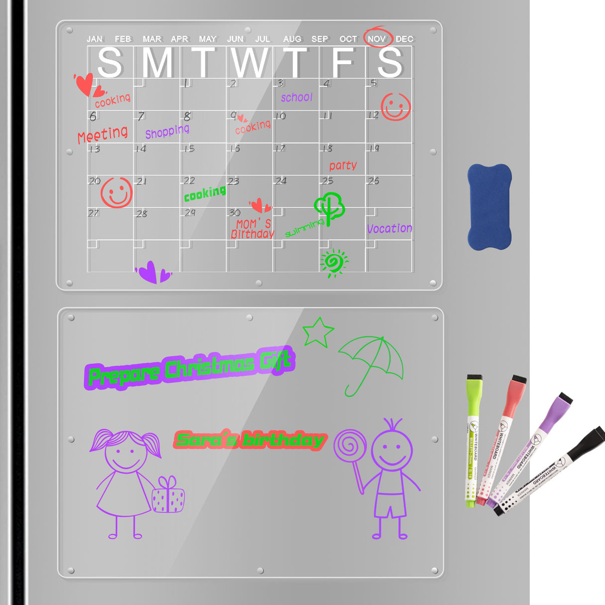 Magnetic Acrylic Fridge Calendar & Memo Board Set - Dry Erase Planner with Markers & Eraser(43*30cm 3mm)
