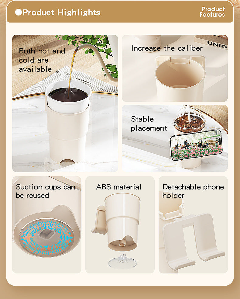 Multi-Purpose Anti-Spill Cup Holder with Suction Base & Detachable Phone Stand(black)