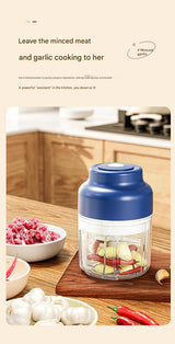 Powerful Mini Electric Food Chopper - USB Rechargeable Cordless Garlic & Meat Mincer(Blue 250ml + 4-blade knife) - Side View