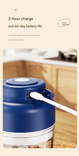 Powerful Mini Electric Food Chopper - USB Rechargeable Cordless Garlic & Meat Mincer(Blue 250ml + 4-blade knife) - 45-Degree Angle