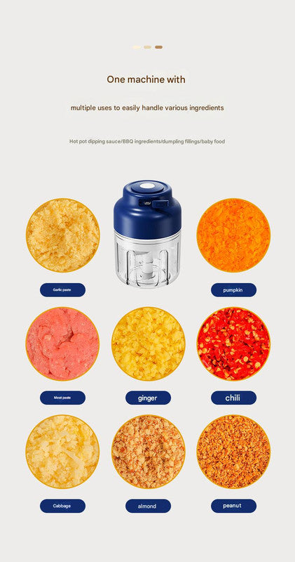 Powerful Mini Electric Food Chopper - USB Rechargeable Cordless Garlic & Meat Mincer(Blue 320ml + 6-blade knife)