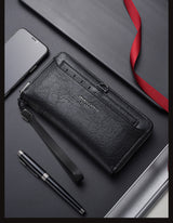 Black Classic Long Zipper Wallet Clutch - Large Capacity PU Leather Phone & Card Holder with Wrist Strap