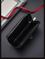 Black Classic Long Zipper Wallet Clutch - Large Capacity PU Leather Phone & Card Holder with Wrist Strap - Front View